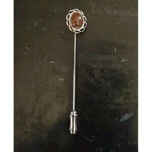 Openwork Scalloped Bezel Carnelian Lapel Stick Pin 2.40 Inch